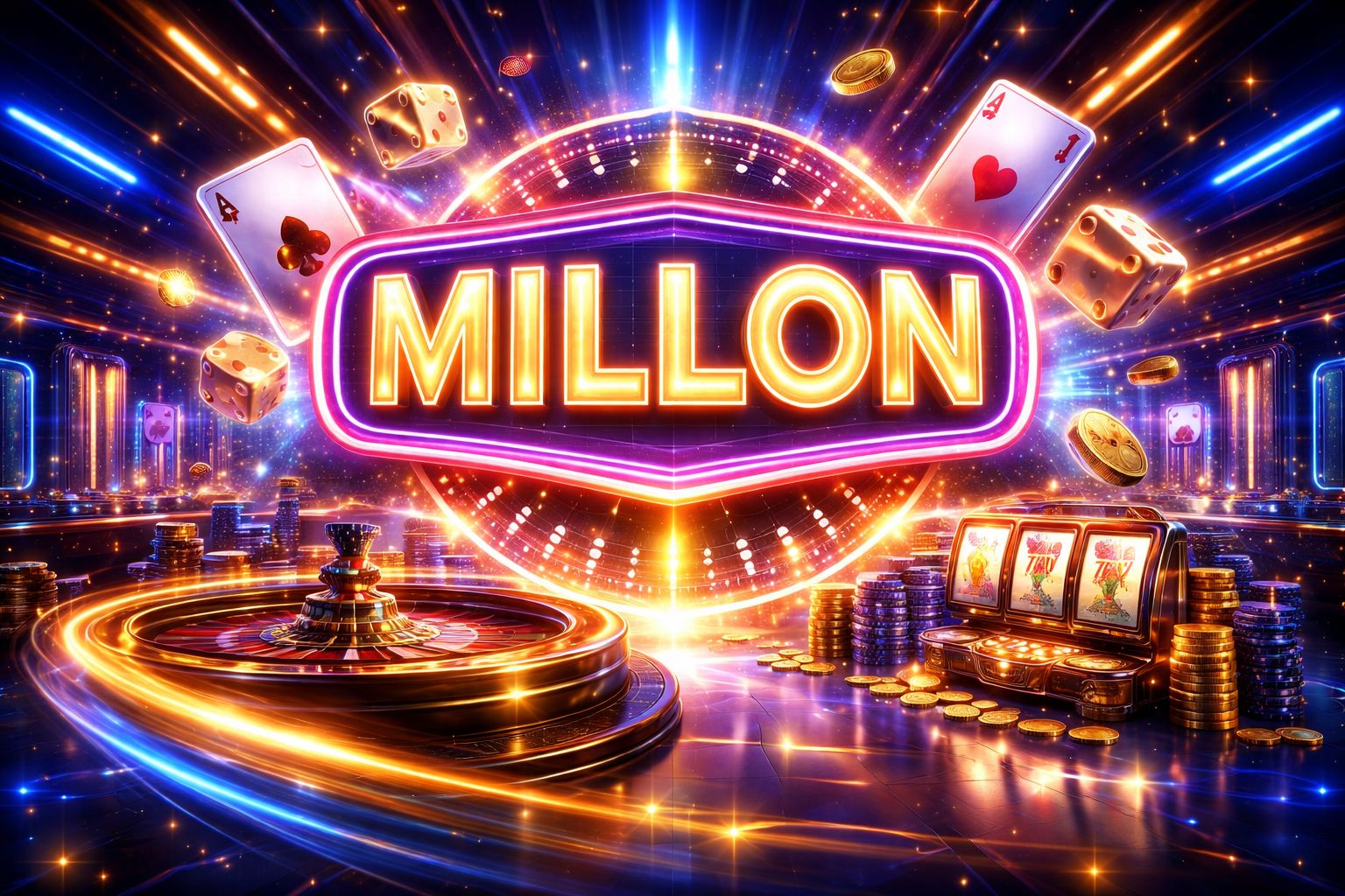 Un salón digital vibrante de casino con Millon mostrado en un letrero brillante, rodeado de cartas, luces de ruleta y visuales inspirados en tragamonedas.