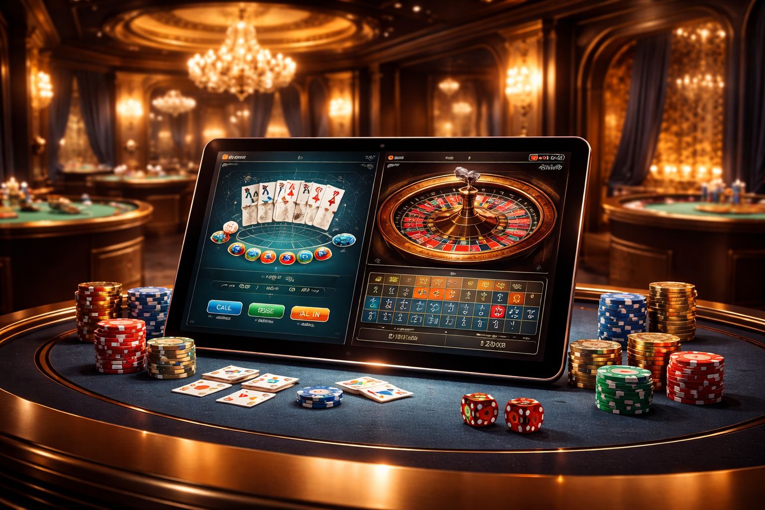 Una elegante configuración de casino en vivo en una pantalla móvil con cartas, elementos de ruleta y luces de estudio en el fondo.