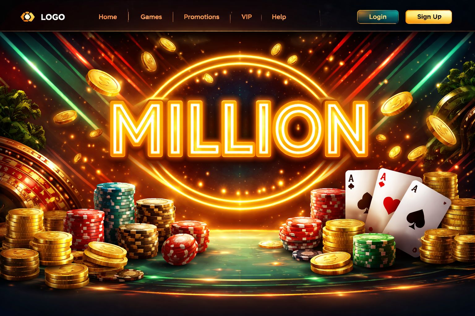 Una vibrante escena digital de casino con un letrero Millon brillante, acentos dorados, cartas, fichas y un ambiente moderno de juego.