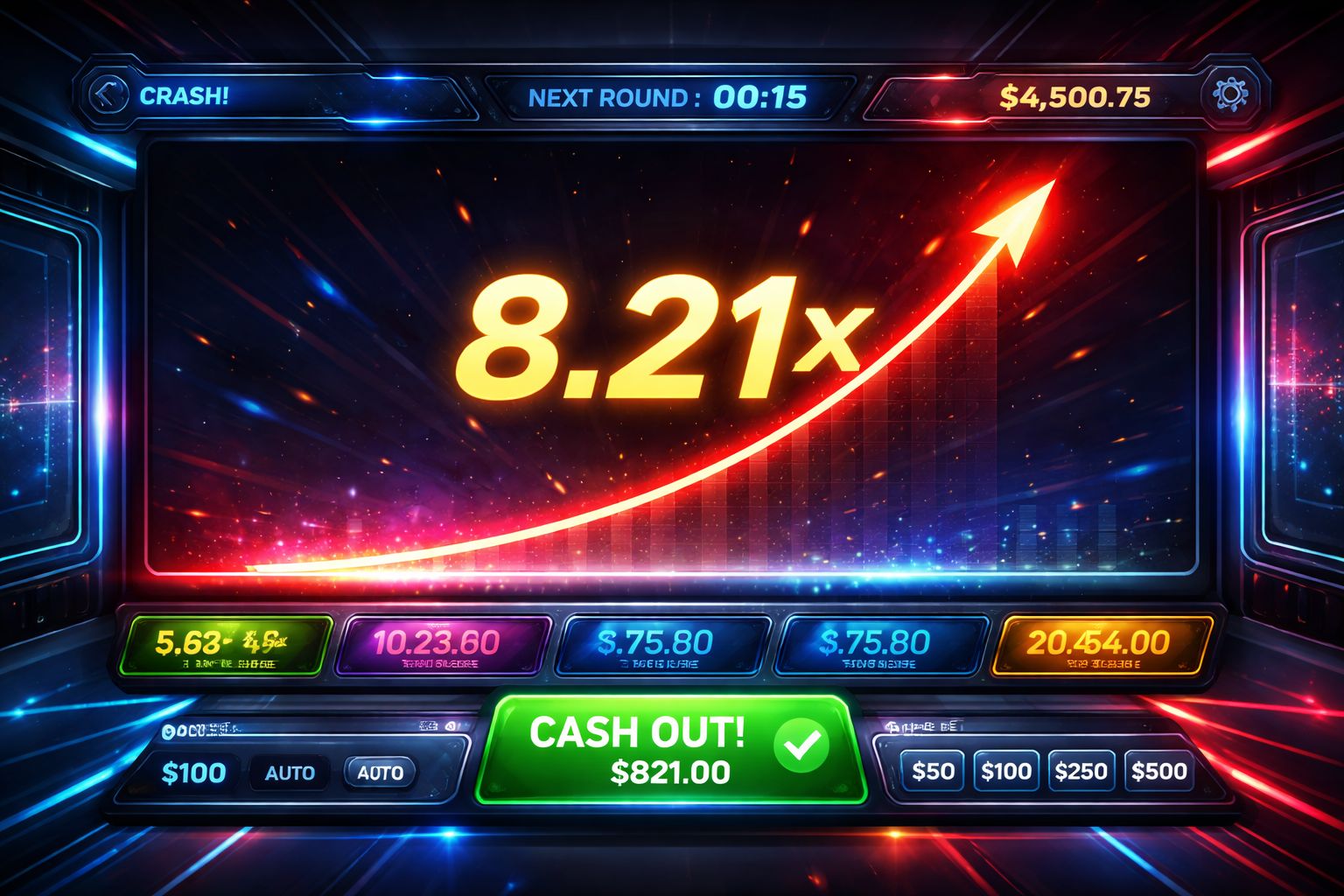 Una pantalla digital de apuestas rápida mostrando un gráfico de multiplicador ascendente y acción dinámica en la plataforma Millon.