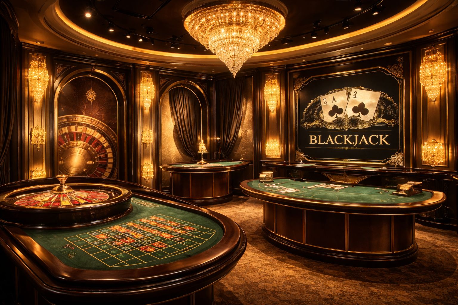 Una escena pulida de estudio de casino en vivo con mesas de ruleta y blackjack mostradas a través de una interfaz en línea premium.
