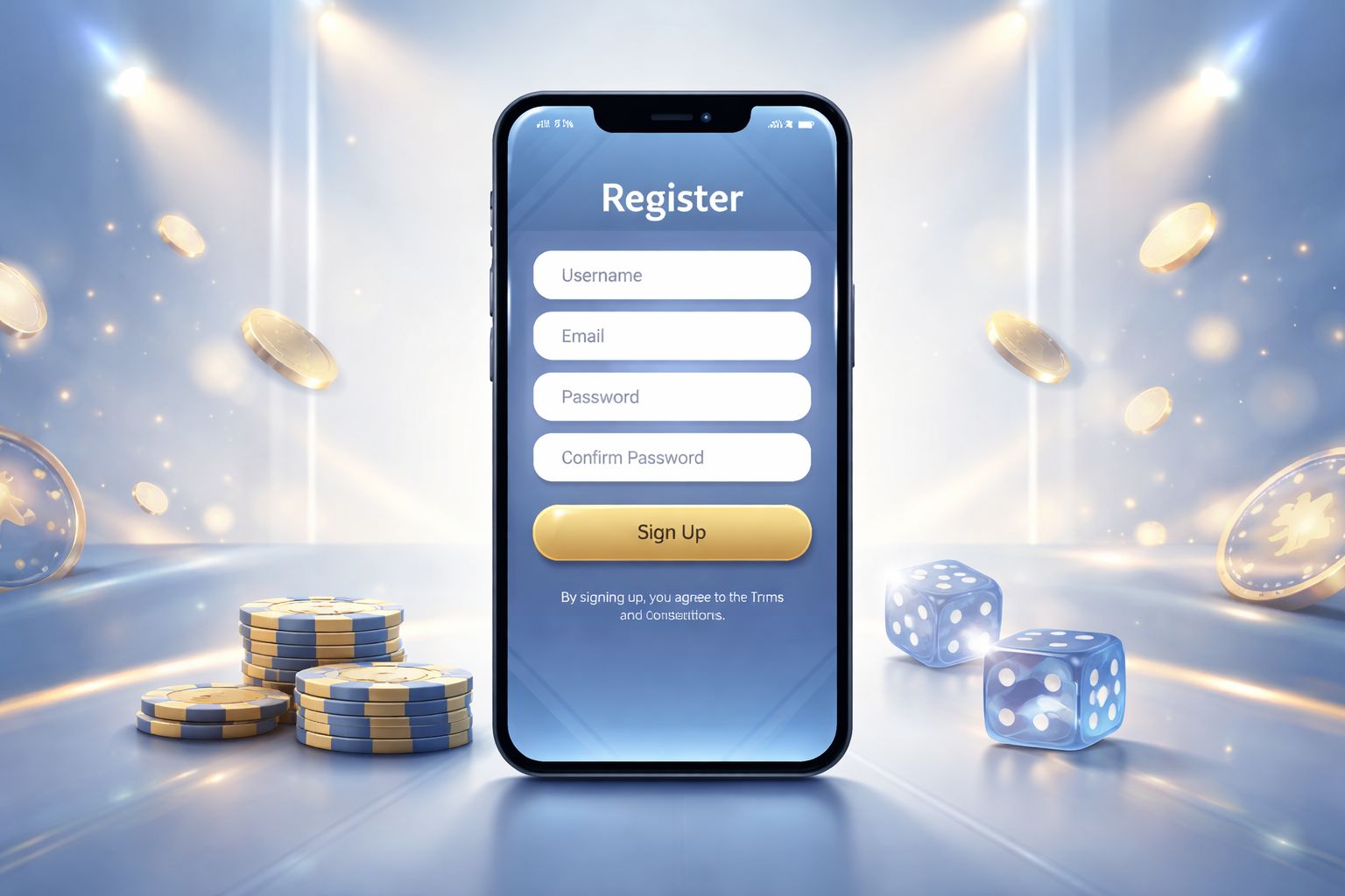 Una interfaz móvil elegante de registro para Millon mostrada en un smartphone con visuales temáticos de casino en el fondo.
